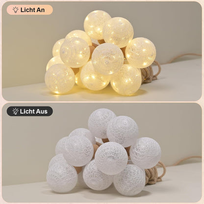 Lichterkette 8M mit Stecker & Fernbedienung, LED Baumwollkugeln [Leuchtendes Juteseil] IP44 Wasserfest, 16 LEDs 8 Modi Dimmbar, Deko für Kinderzimmer Weihnachten Zimmer - Weiß [Energieklasse C]