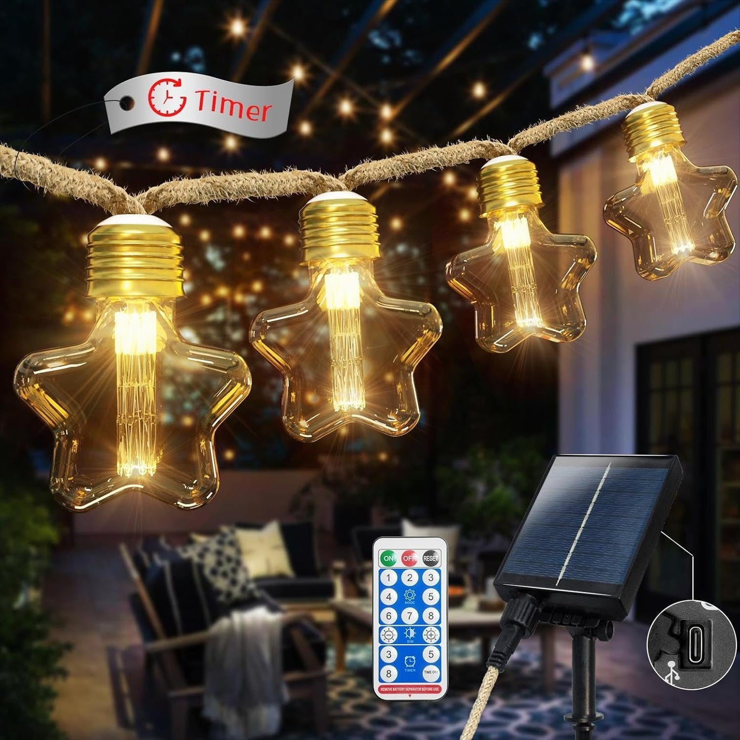 Ciskotu Solar Lichterkette Aussen, 8.0M 15 Glühbirnen 8 Modi LED Stern Hanfseil Lichterkette Außen Wetterfest Gartenleuchte, Vintage Outdoor Hanfseil Lichterkette für Garten, Balkon,Terrasse