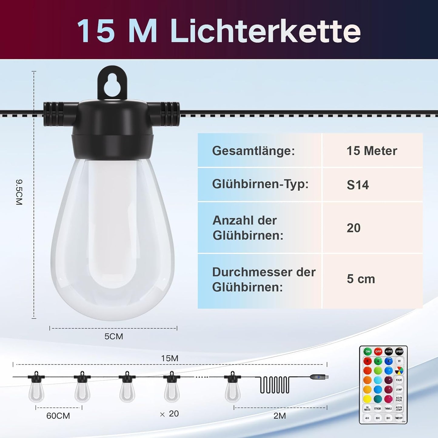 Lichterkette Außen Bunt Strom Outdoor - 15M G40 Glühbirnen Garten LED Beleuchtung Balkon Lichterketten Aussen IP65 Wetterfest Pavillon String Lights mit Fernbedienung für Terrasse Party（USB）