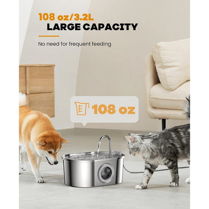 Cat Water Fountain with Water Level Window, 100oz/3.2L Water Fountain for Cats Inside, Stainless Steel Pet Water Fountain Dog Water Dispenser