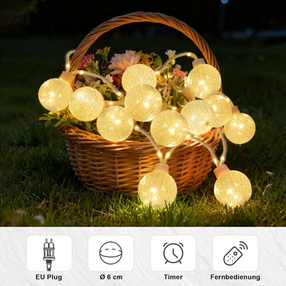 Lichterkette 8M mit Stecker & Fernbedienung, LED Baumwollkugeln [Leuchtendes Juteseil] IP44 Wasserfest, 16 LEDs 8 Modi Dimmbar, Deko für Kinderzimmer Weihnachten Zimmer - Weiß [Energieklasse C]