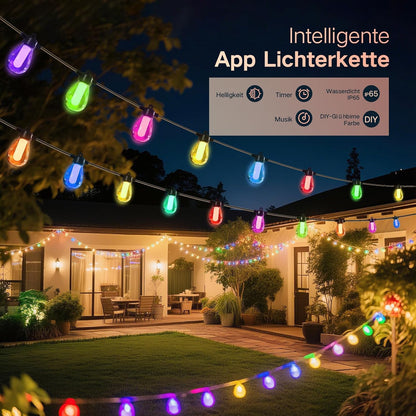 15M Lichterkette Außen/Inner Bunt Strom, mit 20 LEDs Glühbirnen，Dimmbar RGB lichterkette Outdoor Über 1000 Modi für Party Terrasse Biergarten Pavillon Balkon Garten Halloween Weihnachten（APP）