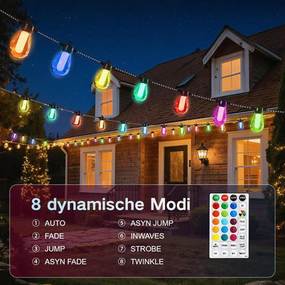 Lichterkette Außen Bunt Strom Outdoor - 15M G40 Glühbirnen Garten LED Beleuchtung Balkon Lichterketten Aussen IP65 Wetterfest Pavillon String Lights mit Fernbedienung für Terrasse Party（USB）