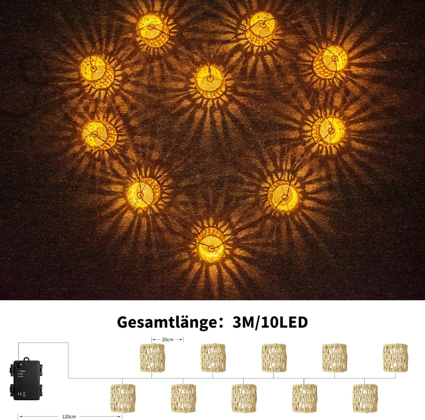 3M Solar Lichterkette Aussen, 10 LED Solar Lampions Außen Wetterfest Kugeln Lichterkette Außen Solar, 8 Modi Solar Lichterkette Outdoor Dimmbar Solarleuchten Für Außen Balkon Terrasse-Zylinder