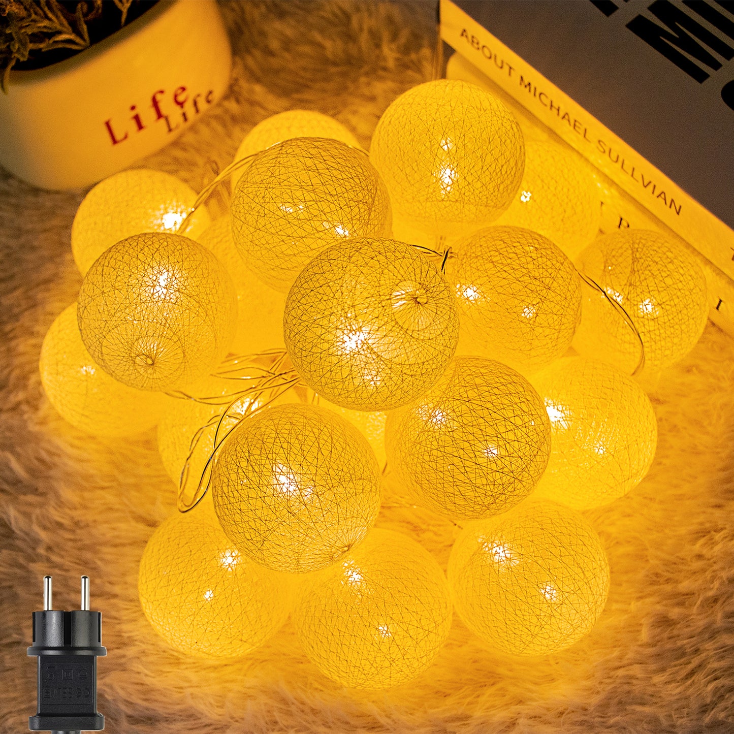 3.8M lichterkette Innen, 20 LEDs Lichterketten Kinderzimmer Lampions, Kugeln Lichterkette schlafzimmer mit Stecker Cotton Ball für Weihnachten Party Garten Terrasse(Weiß)