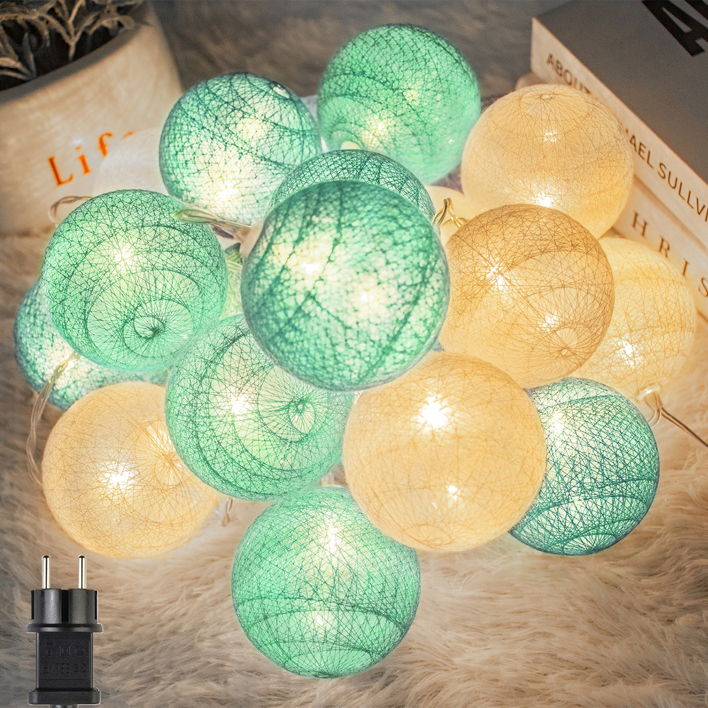 3.8M lichterkette Innen, 20 LEDs Lichterketten Kinderzimmer Lampions, Kugeln Lichterkette schlafzimmer mit Stecker Cotton Ball für Weihnachten Party Garten Terrasse(Grün)