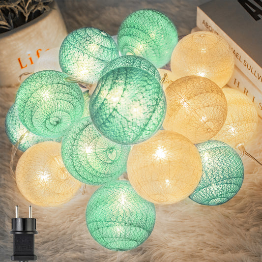 3.8M lichterkette Innen, 20 LEDs Lichterketten Kinderzimmer Lampions, Kugeln Lichterkette schlafzimmer mit Stecker Cotton Ball für Weihnachten Party Garten Terrasse(Grün)