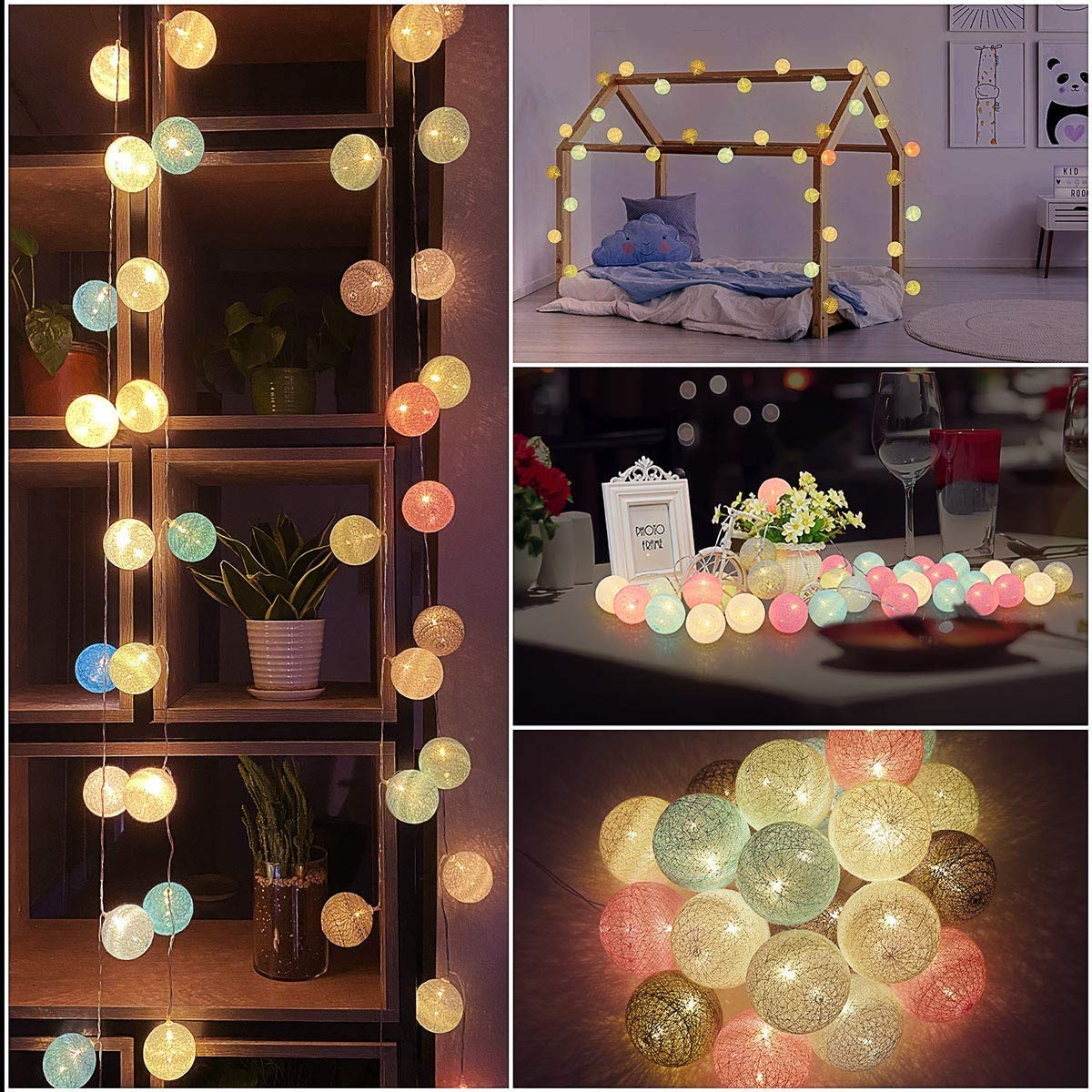 LED Lichterkette Baumwollkugeln mit Stecker, 3,8m 20er Cotton Ball Lichterketten Kugeln Nachtlicht für Weihnachten, Hochzeit, Party, Zimmer, Wohnheim, Innen Deko