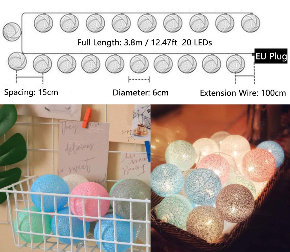 LED Lichterkette Baumwollkugeln mit Stecker, 3,8m 20er Cotton Ball Lichterketten Kugeln Nachtlicht für Weihnachten, Hochzeit, Party, Zimmer, Wohnheim, Innen Deko