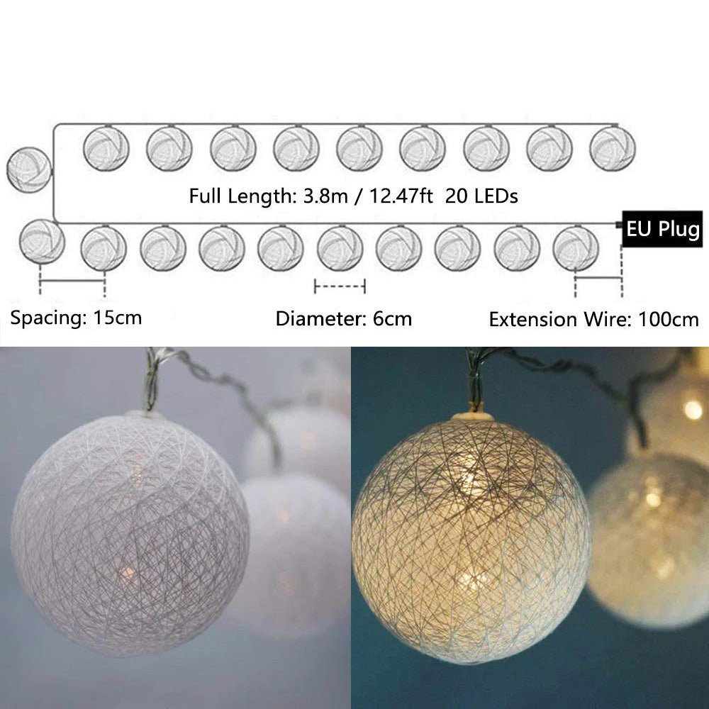 Ciskotu LED Lichterkette Baumwollkugeln Batteriebetrieben, 3,3m 20er Cotton Ball Lichterketten Kugeln Nachtlicht für Weihnachten, Hochzeit, Party, Zimmer, Wohnheim, Innen Deko