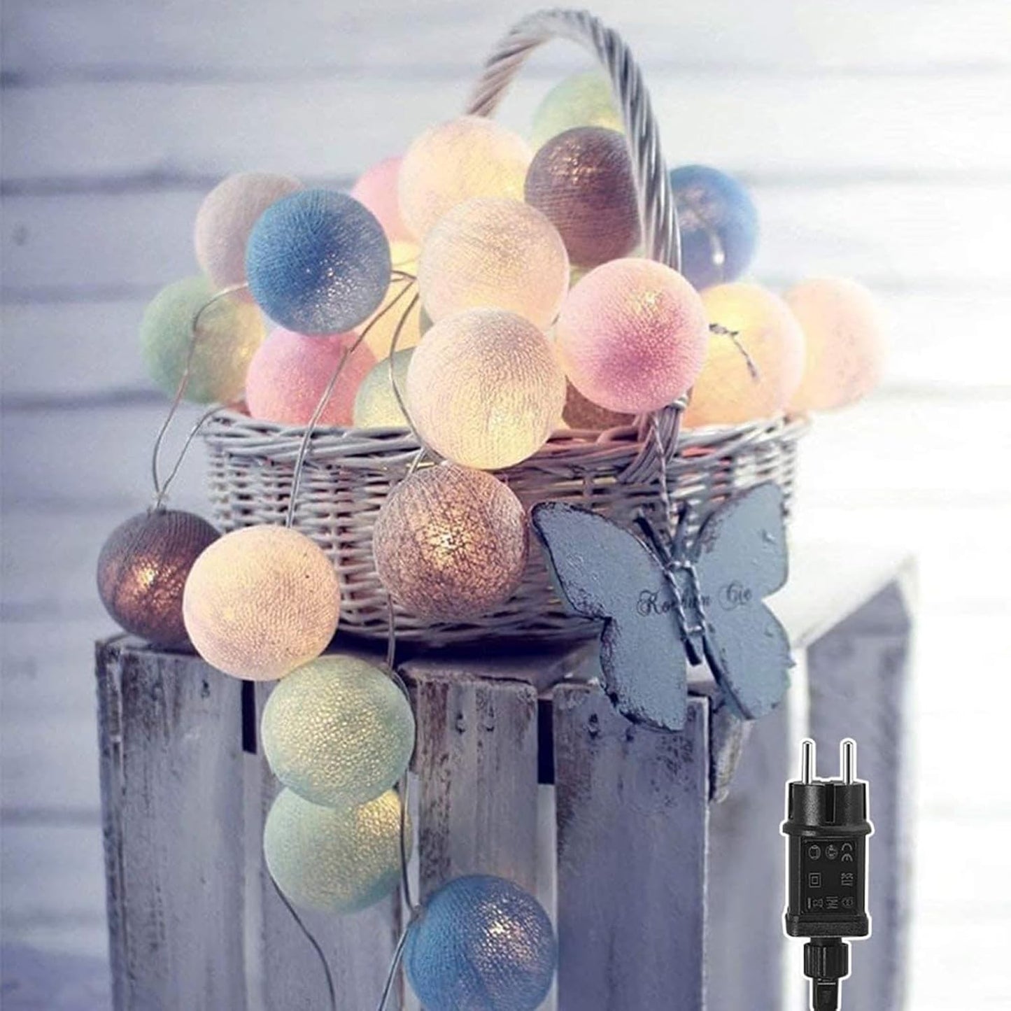 lichterkette Innen mit Stecker, 3.8M Lichterkette Lampions 20 LEDs，Lichterkette Cotton Ball Kugeln für Kinderzimmer Weihnachten Party Garten Terrasse (Mehrfarbig)