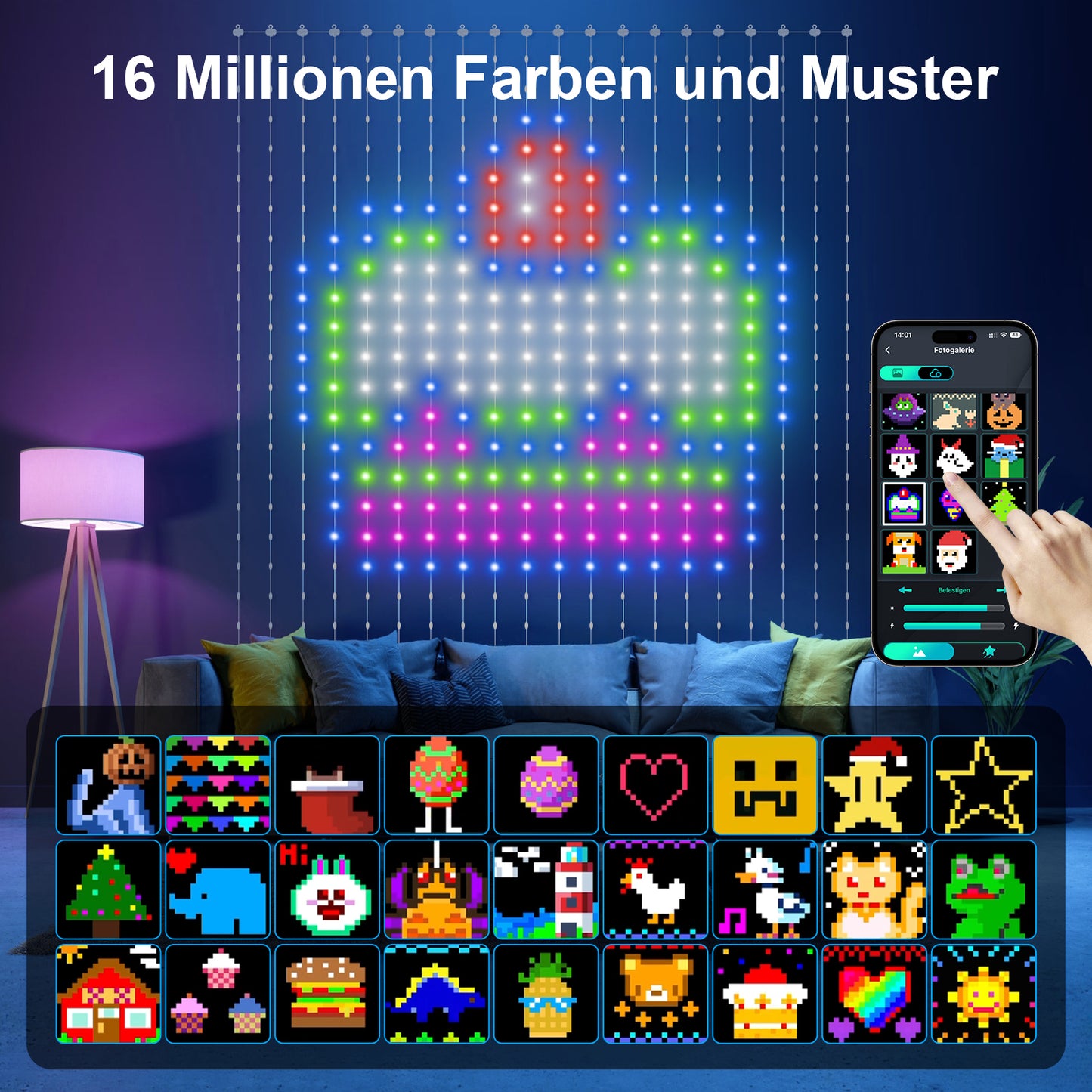 Ciskotu LED Lichtervorhang, 86+ Modi RGBIC Smart Vorhang Lichter DIY Dynamisch Muster mit 400 LED, IP65 Wasserdicht Mehrfarbig Lichterketten Vorhang für Weihnachten Deko (2 x 2M)