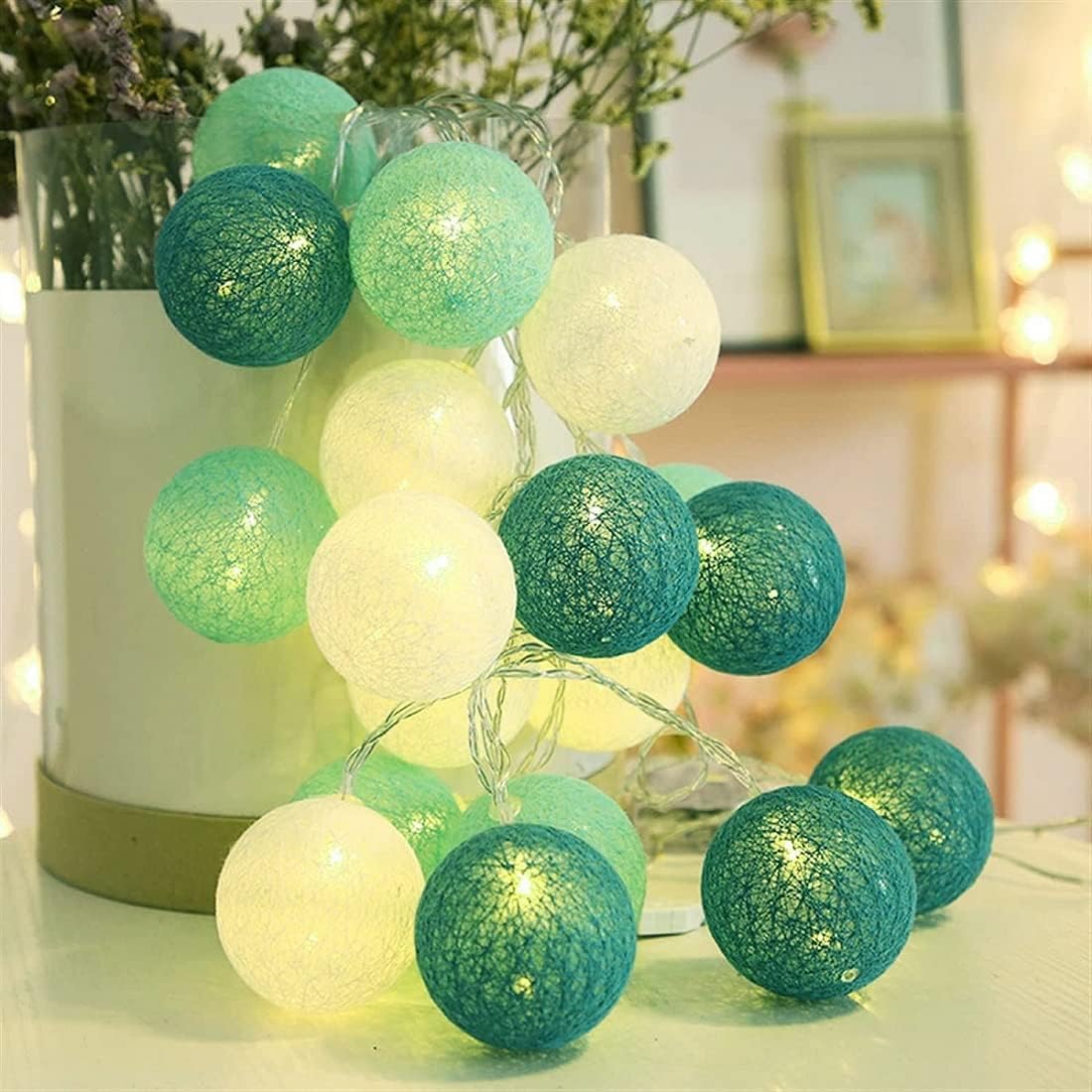 Ciskotu LED Lichterkette Baumwollkugeln mit Stecker, 3,8m 20er Cotton Ball Lichterketten Kugeln Nachtlicht für Weihnachten, Hochzeit, Party, Zimmer, Wohnheim, Innen Deko