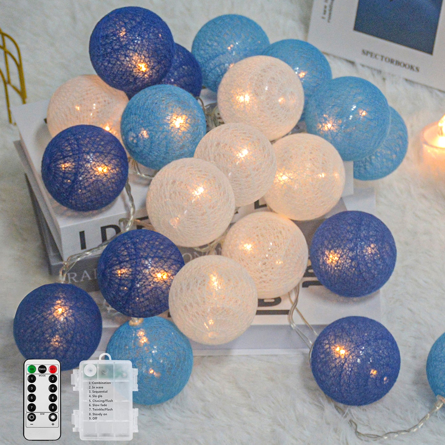 Ciskotu Baumwollkugeln Lichterkette Batteriebetrieben, 20 LED Dimmbar Cotton Ball Lichterkette mit Fernbedienung, LED Kugeln Lichterkette Innen für Kinderzimmer Weihnachten Hochzeit Party(Blau)