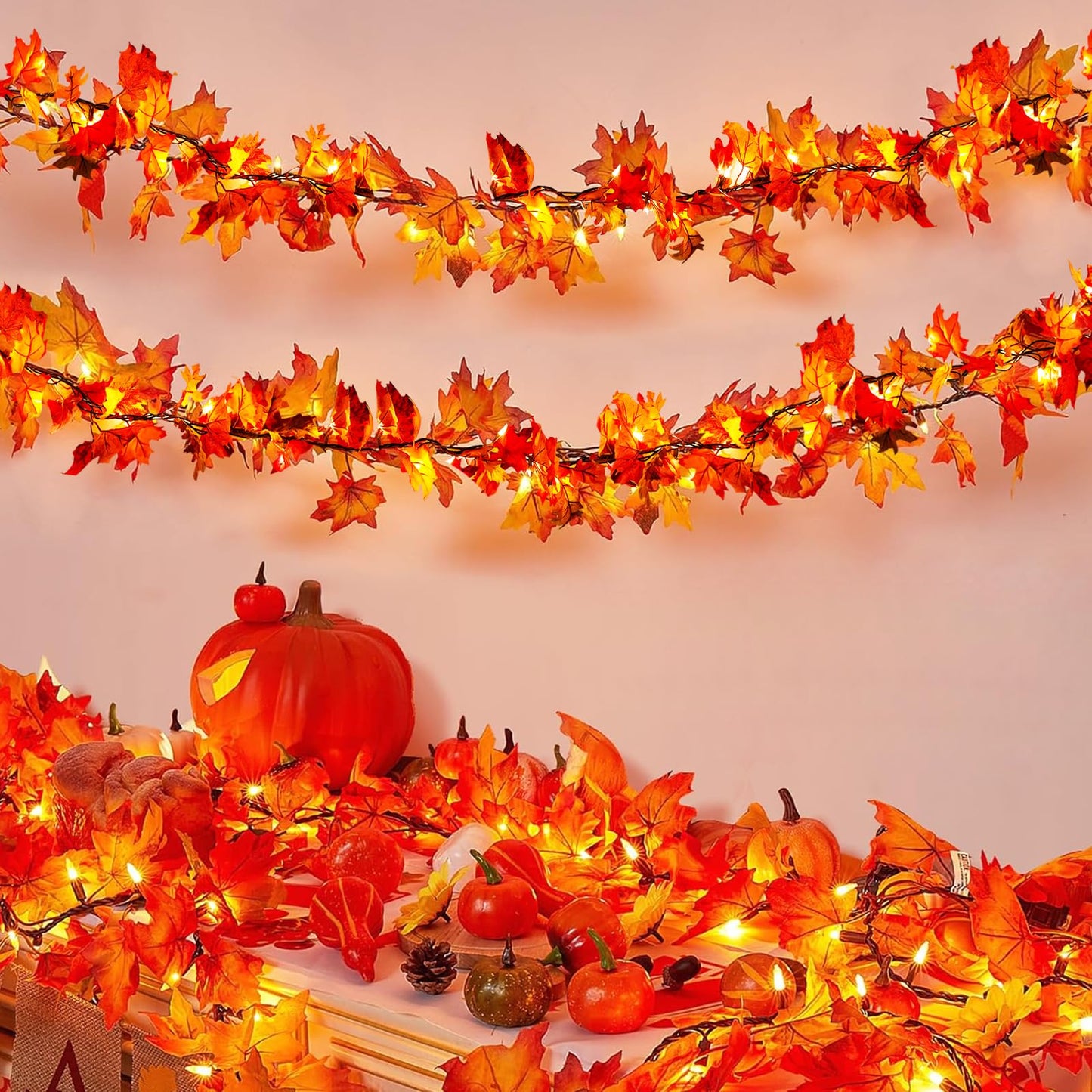 Ciskotu Herbst Ahornblätter Lichterkette, 2.2+0.8M 31Licht Herbstgirlande Lichterkette Halloween Deko mit Stecker, Herbst Girlande dekoration Innen und Außen, für Erntedankfest, Halloween, Party