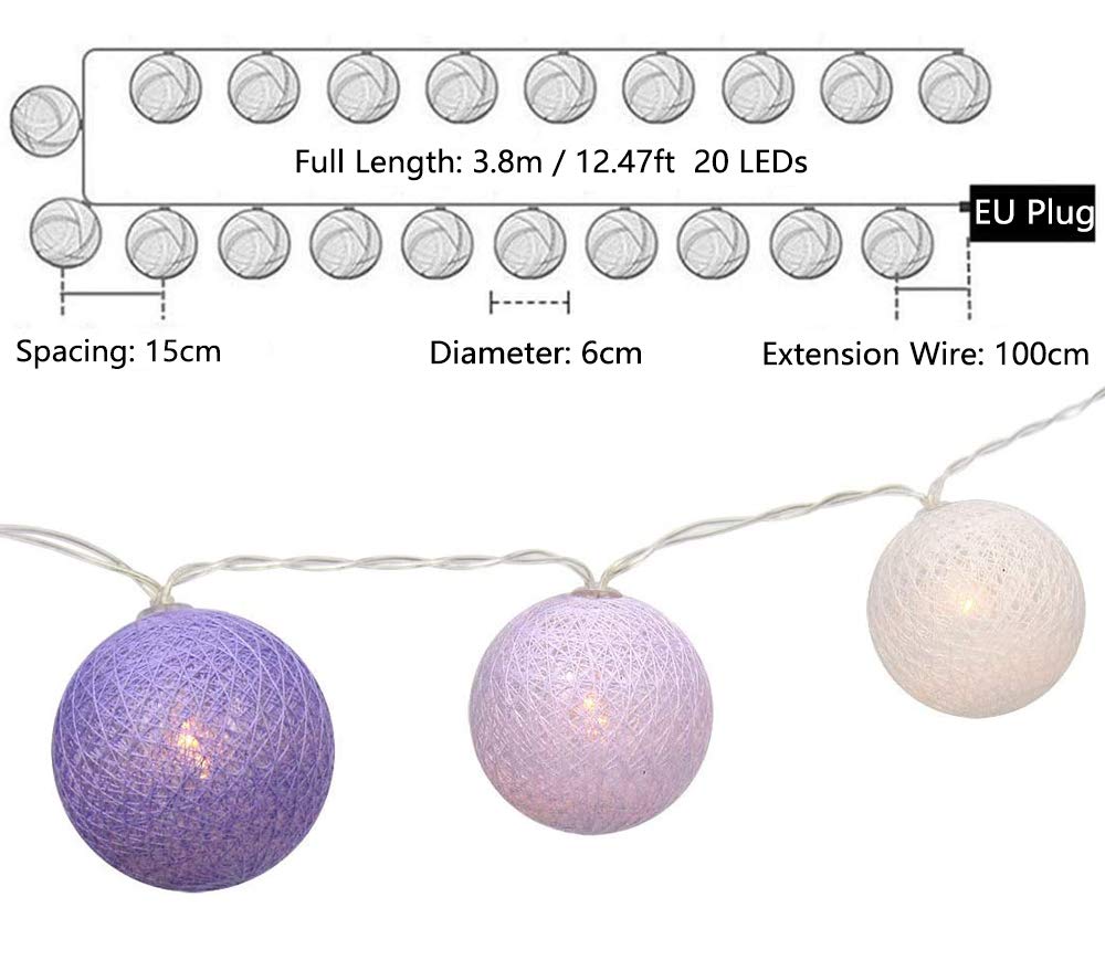 LED Lichterkette Baumwollkugeln mit Stecker, 3,8m 20er Cotton Ball Lichterketten Kugeln Nachtlicht für Weihnachten, Hochzeit, Party, Zimmer, Wohnheim, Innen Deko