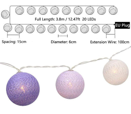 LED Lichterkette Baumwollkugeln mit Stecker, 3,8m 20er Cotton Ball Lichterketten Kugeln Nachtlicht für Weihnachten, Hochzeit, Party, Zimmer, Wohnheim, Innen Deko