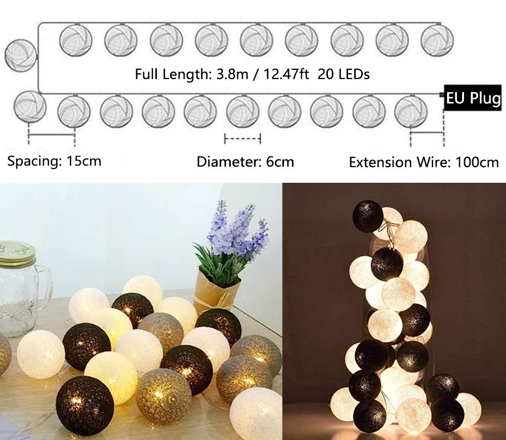 Ciskotu LED Lichterkette Baumwollkugeln mit Stecker, 3,8m 20er Cotton Ball Lichterketten Kugeln Nachtlicht für Weihnachten, Hochzeit, Party, Zimmer, Wohnheim, Innen Deko
