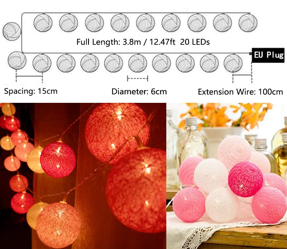 LED Lichterkette Baumwollkugeln mit Stecker, 3,8m 20er Cotton Ball Lichterketten Kugeln Nachtlicht für Weihnachten, Hochzeit, Party, Zimmer, Wohnheim, Innen Deko