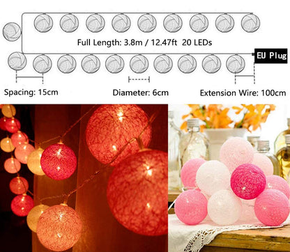 LED Lichterkette Baumwollkugeln mit Stecker, 3,8m 20er Cotton Ball Lichterketten Kugeln Nachtlicht für Weihnachten, Hochzeit, Party, Zimmer, Wohnheim, Innen Deko