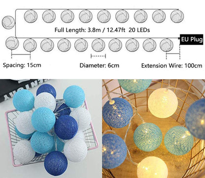 Ciskotu LED Lichterkette Baumwollkugeln mit Stecker, 3,8m 20er Cotton Ball Lichterketten Kugeln Nachtlicht für Weihnachten, Hochzeit, Party, Zimmer, Wohnheim, Innen Deko