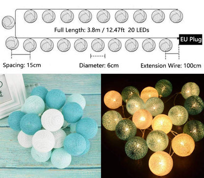 Ciskotu LED Lichterkette Baumwollkugeln mit Stecker, 3,8m 20er Cotton Ball Lichterketten Kugeln Nachtlicht für Weihnachten, Hochzeit, Party, Zimmer, Wohnheim, Innen Deko